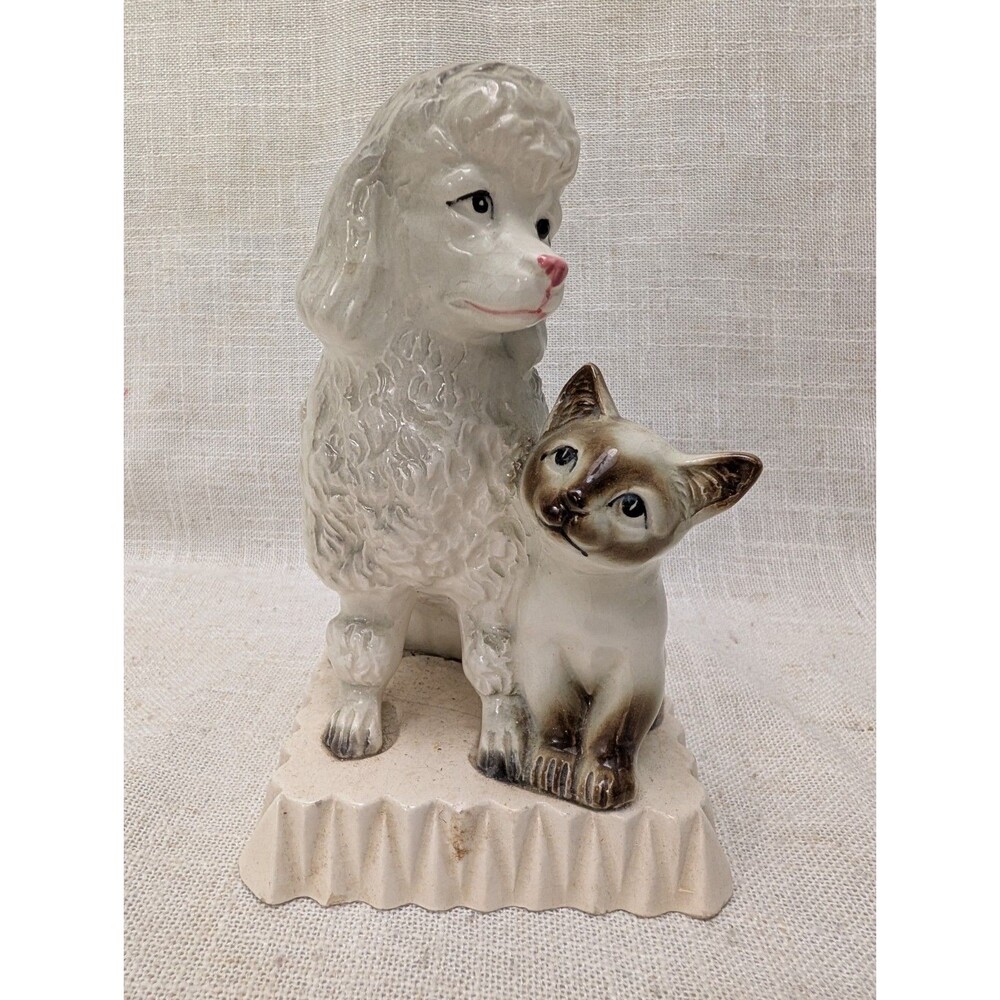 Vintage Ceramic Poodle With Siamese Kitten Figurine 6.5" x 4.5" - Made in Japan